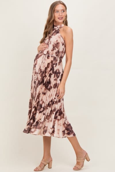 Rosevelvet Brown Floral Pleated Halter Maternity Midi Dress
