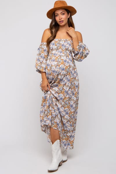 PinkBlush Taupe Floral Print Off Shoulder Smocked Maternity Maxi Dress