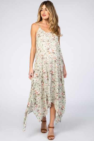 Hello Miz Light Mint Floral Asymmetrical Hem Maternity Dress