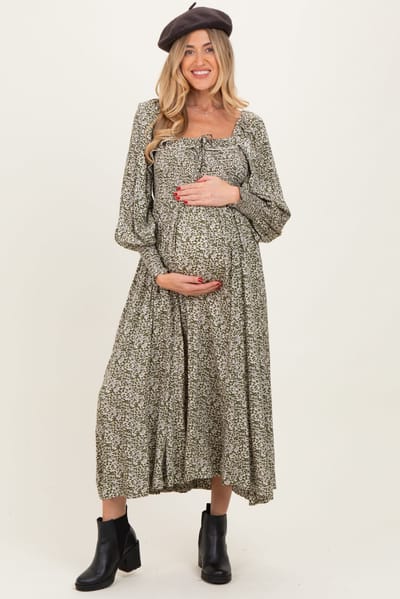 PinkBlush Light Olive Smocked Ruffled Floral Maternity Maxi Dress