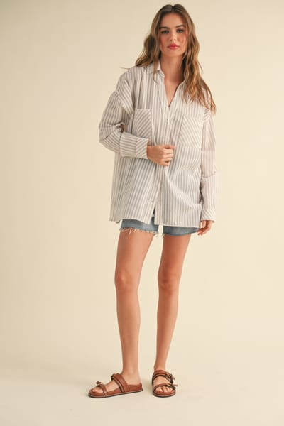 MIOU MUSE Beige Striped Double Pocket Button Down Top