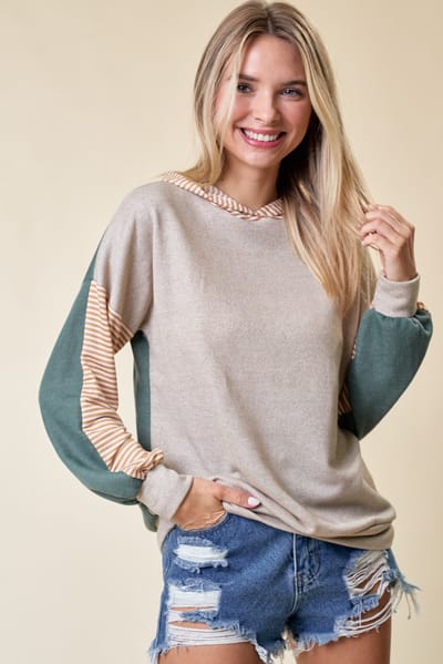 Lovely Melody Light Olive Colorblock Stripe Pullover Hoodie