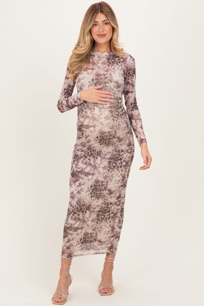 PinkBlush Cream Animal Print Mesh Overlay Maternity Maxi Dress