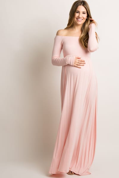 Rhea + Thea PinkBlush Tall Pink Solid Off Shoulder Maternity Maxi Dress