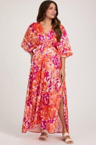 PinkBlush Orange Floral Satin V-Neck Maternity Maxi Dress