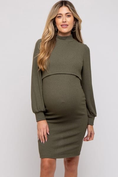PinkBlush Olive Rib Knit Mock Neck Maternity Nursing Dress