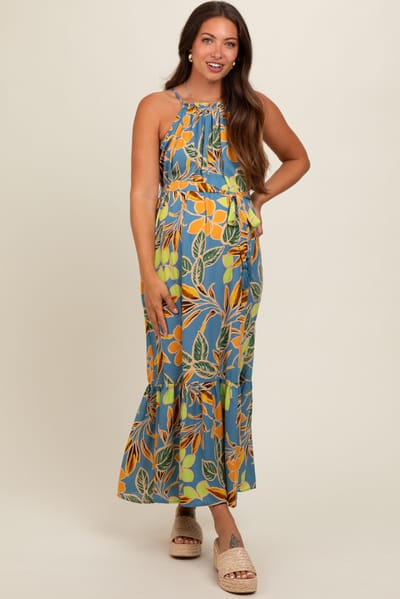 PinkBlush Blue Floral Open Back Maternity Midi Dress