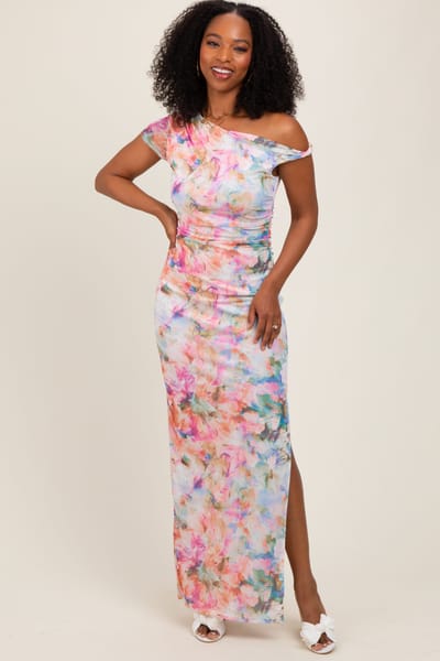 Blue Blush Floral One Shoulder Side Slit Maxi Dress