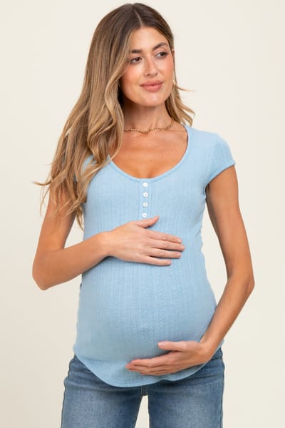 7th Ray Sky Blue Jacquard Button Front Maternity Short Sleeve Top