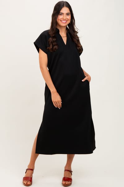 Entro Black Collared Short Sleeve Midi Dress