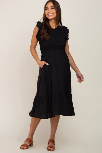 PinkBlush Black Smocked Layered Ruffle Flutter Sleeve Maternity Midi Dress