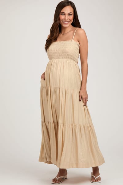 PinkBlush Beige Smocked Square Neck Back Cutout Tiered Maternity Midi Dress