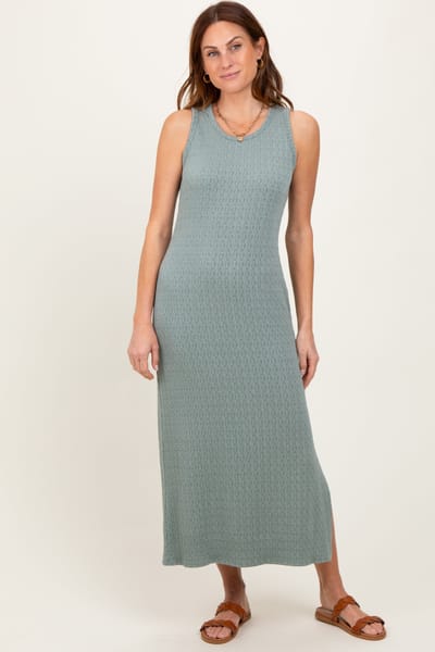 Les Amis Green Jacquard Sleeveless Side Slit Midi Dress