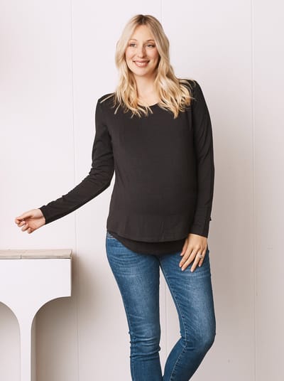 Angel Maternity Bamboo Cotton Long Sleeve Maternity Top in Black