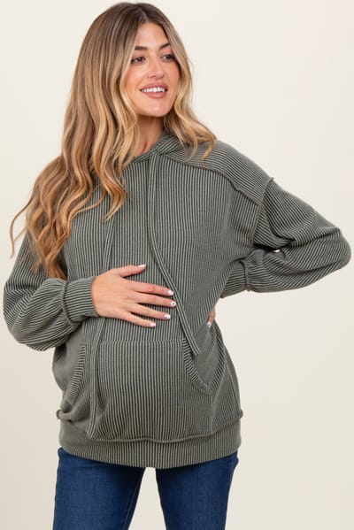 7th Ray Olive Ribbed Front Pocket Maternity Drawstring Hoodie