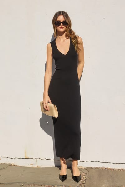 Dress Forum Black Knit Collared Deep V-Neck Maxi Dress