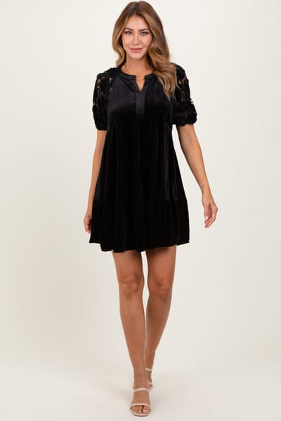 Umgee Black Velvet Floral Lace Short Sleeve Dress
