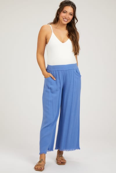 Umgee Periwinkle Linen Frayed Hem Crop Maternity Pants