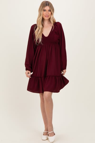 Rhea + Thea Burgundy Long Sleeve V-Neck Tiered Midi Dress