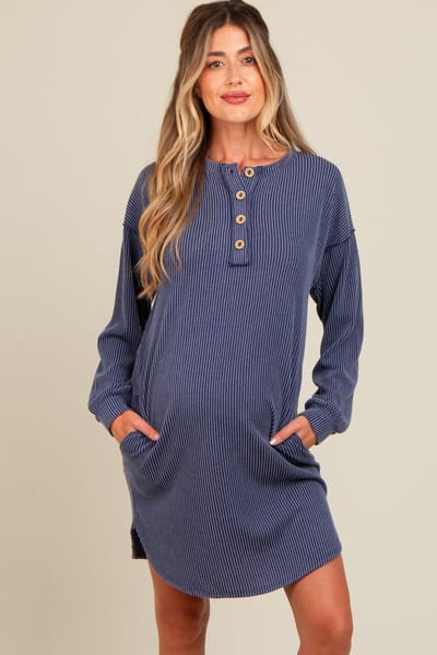 Heimish Navy Ribbed Button Accent Maternity Dress