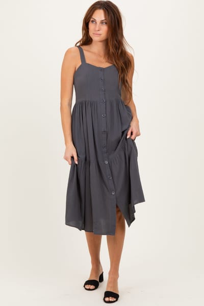 Polagram Charcoal Sleeveless Button Down Tiered Midi Dress