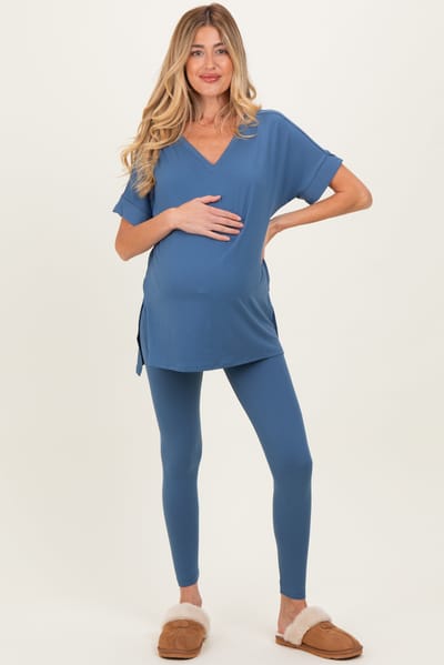 Zenana Outfitters Dusty Blue Oversized V-Neck Tee Legging Maternity Lounge Set