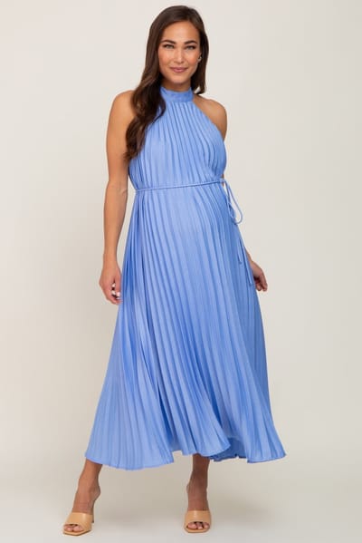 PinkBlush Light Blue Pleated Maternity Halter Dress