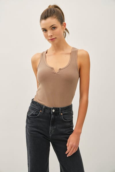 Be Cool Mocha Ribbed Split Neck Tank Top