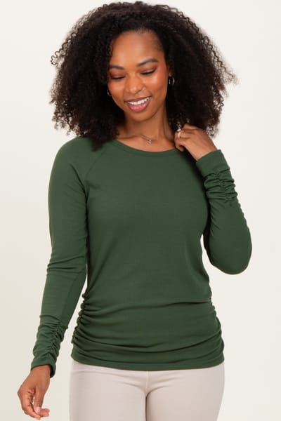 Rhea + Thea Olive Solid Ribbed Ruched Long Sleeve Top