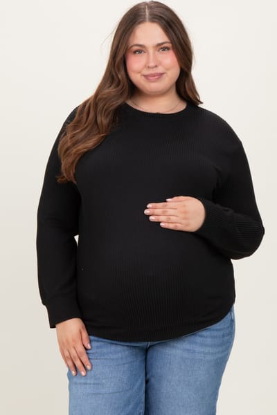 PinkBlush Black Textured Ribbed Long Sleeve Maternity Plus Top