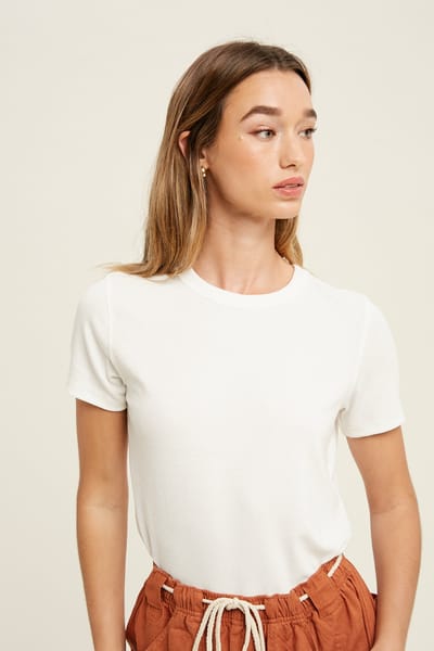Wishlist White Ribbed Short Sleeve Curved Hem Top