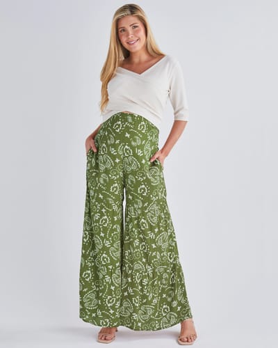 Angel Maternity Stacie Wide Leg Maternity Pants in Green Paisley Print