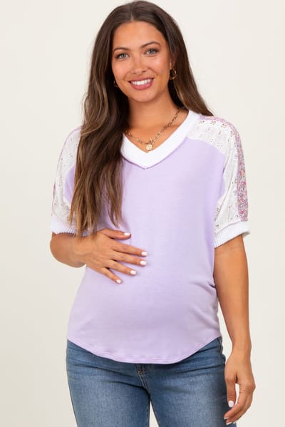 PinkBlush Lavender Floral Lace Inset Short Sleeve Maternity Top