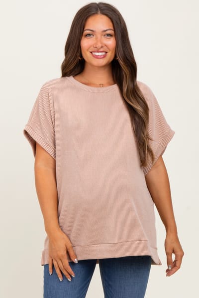 PinkBlush Mocha Solid Ribbed Short Sleeve Oversized Maternity Tunic Top