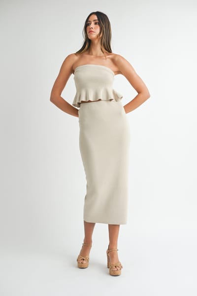 Mable Cream Strapless Ribbed Knit Peplum Top Midi Skirt Set