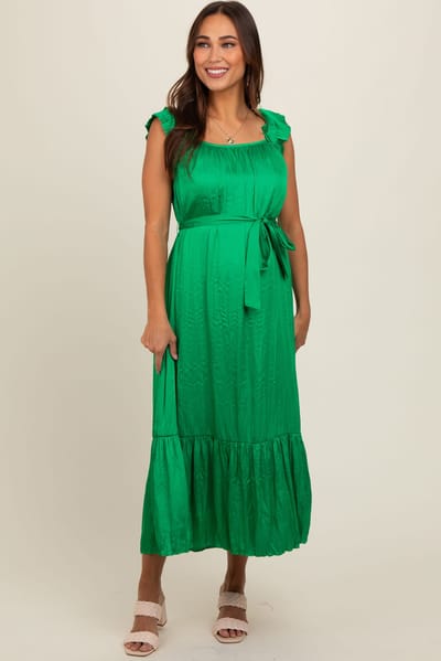 PinkBlush Green Ruffle Short Sleeve Self Tie Maternity Dress
