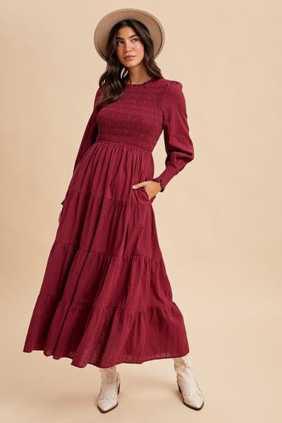 In Loom Burgundy Swiss Dot Smocked Tiered Maxi Dress