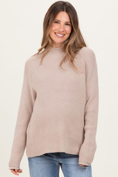 PinkBlush Beige Mock Neck Ribbed Knit Basic Maternity Sweater Top