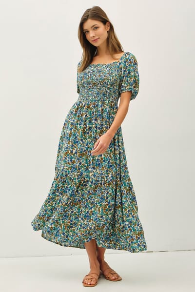 Be Cool Blue Floral Smocked Tiered Midi Dress