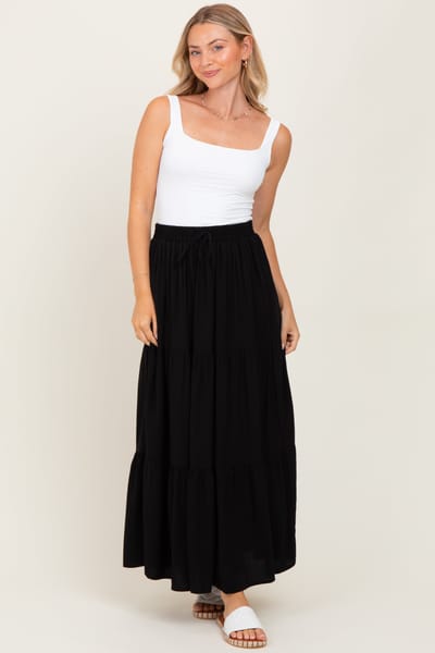Vine & Love Black Drawstring Tiered Maxi Skirt