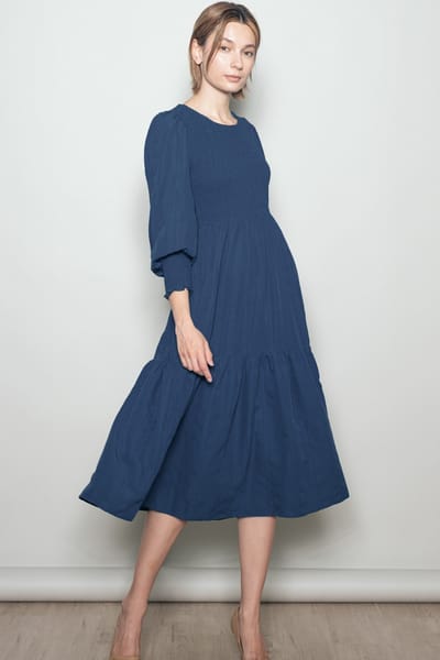 Elloh Navy Textured Stripe Smocked Midi Dress