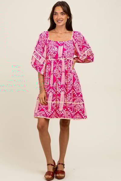 BiBi Fuchsia Printed Tie Back Contrast Trim Dress
