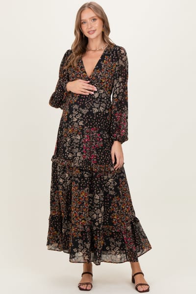 BaeVely Black Floral Chiffon V-Neck Long Sleeve Maternity Maxi Dress