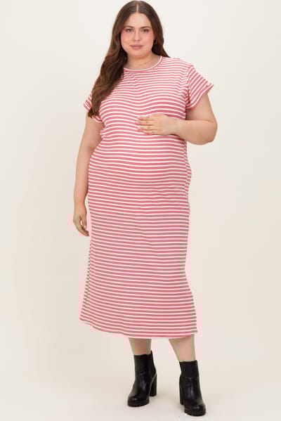 Polagram Red Striped Maternity Plus Midi T-Shirt Dress