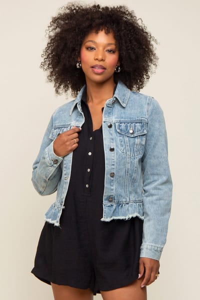 Listicle Light Blue Denim Ruffle Trim Jacket