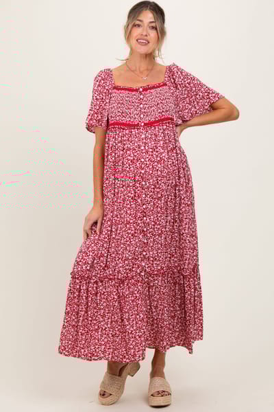 PinkBlush Burgundy Floral Button Front Maternity Midi Dress