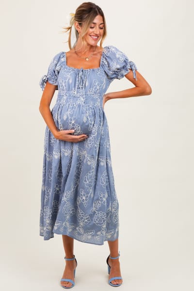 PinkBlush Denim Blue Floral Embroidered Maternity Midi Dress