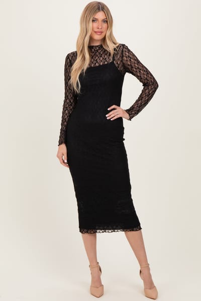 Blue S Black Lace Overlay Fitted Midi Dress
