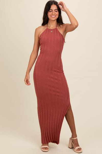 Blue Blush Rust Ribbed Knit Halter Neck Maxi Dress