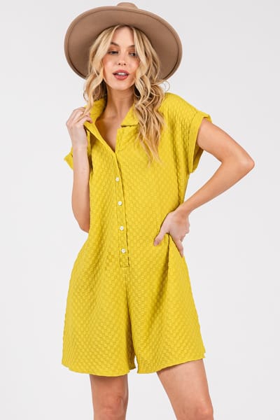 Ces Femme Yellow Jacquard Plaid Button-Down Romper